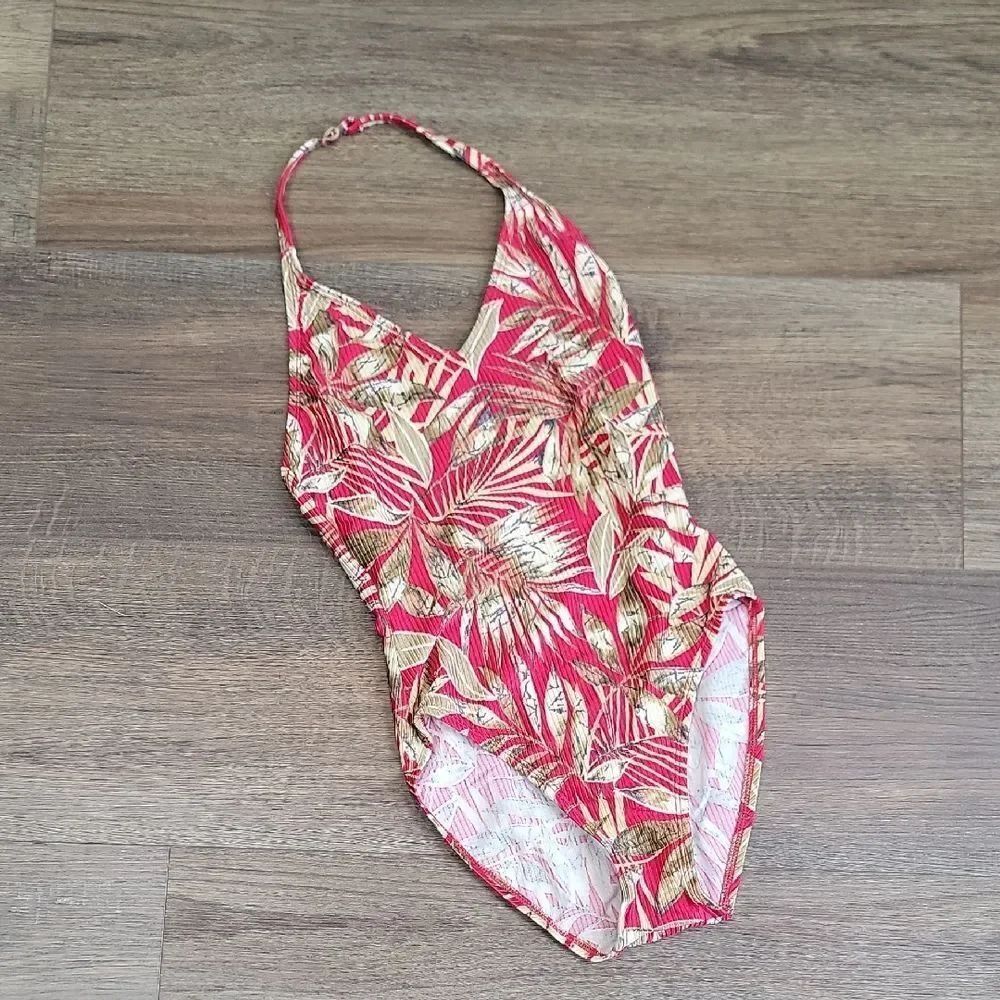Catalina One-piece Tropical Print Red Halter Tie Back Swimsuit Womens Size M